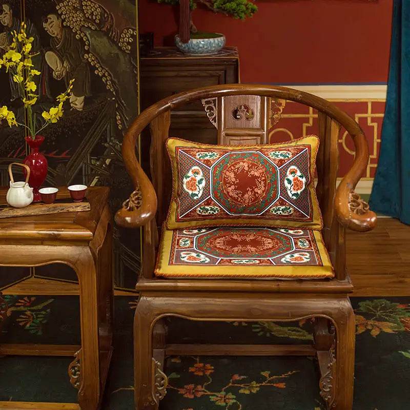 Chinoiserie Red-Yellow Glass Chinese Imperial Chair Cushion - SinoCultural -- SC010A38 -