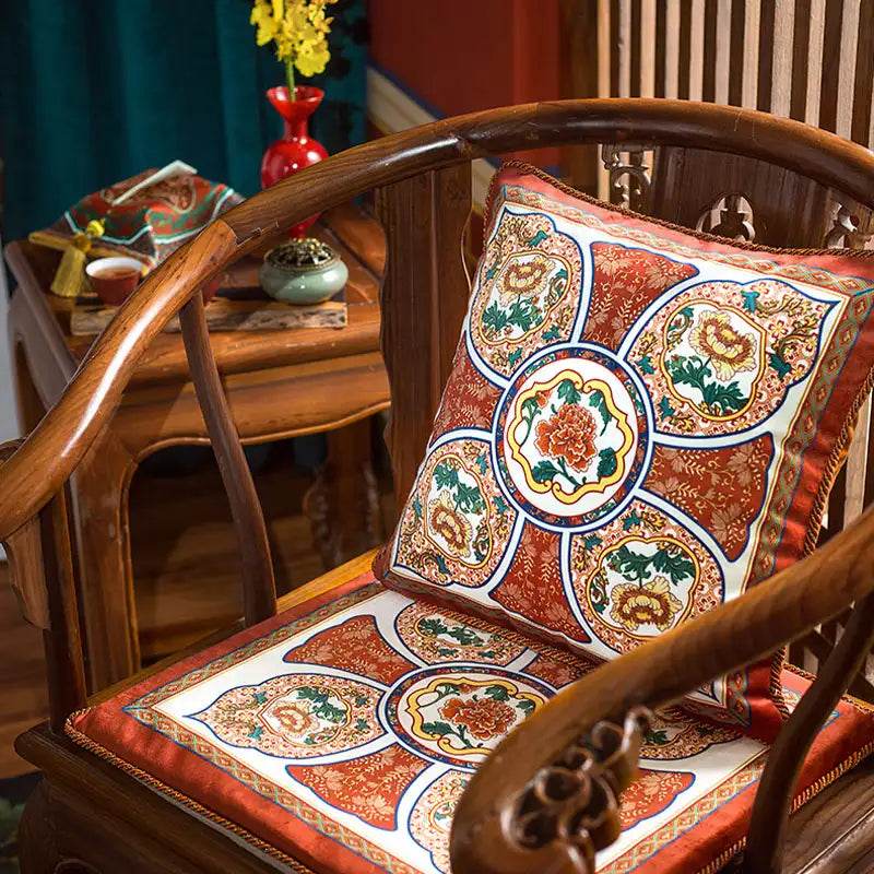 Chinoiserie Red-Yellow Glass Chinese Imperial Chair Cushion - SinoCultural -- SC010A38 -