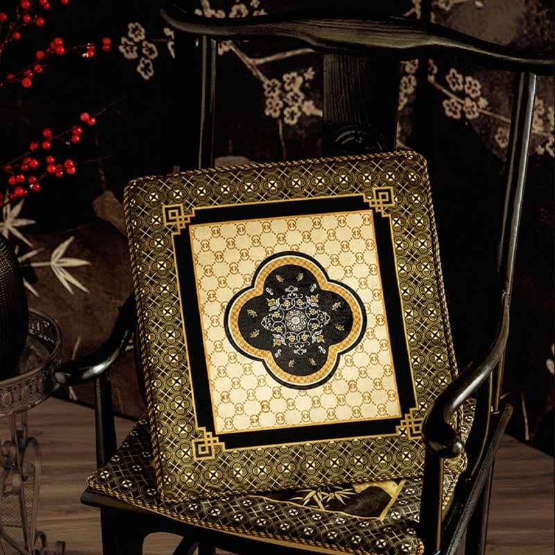 Chinoiserie Black-Gold Bamboo Vintage Wooden Chair Cushion - SinoCultural -- SC011A38