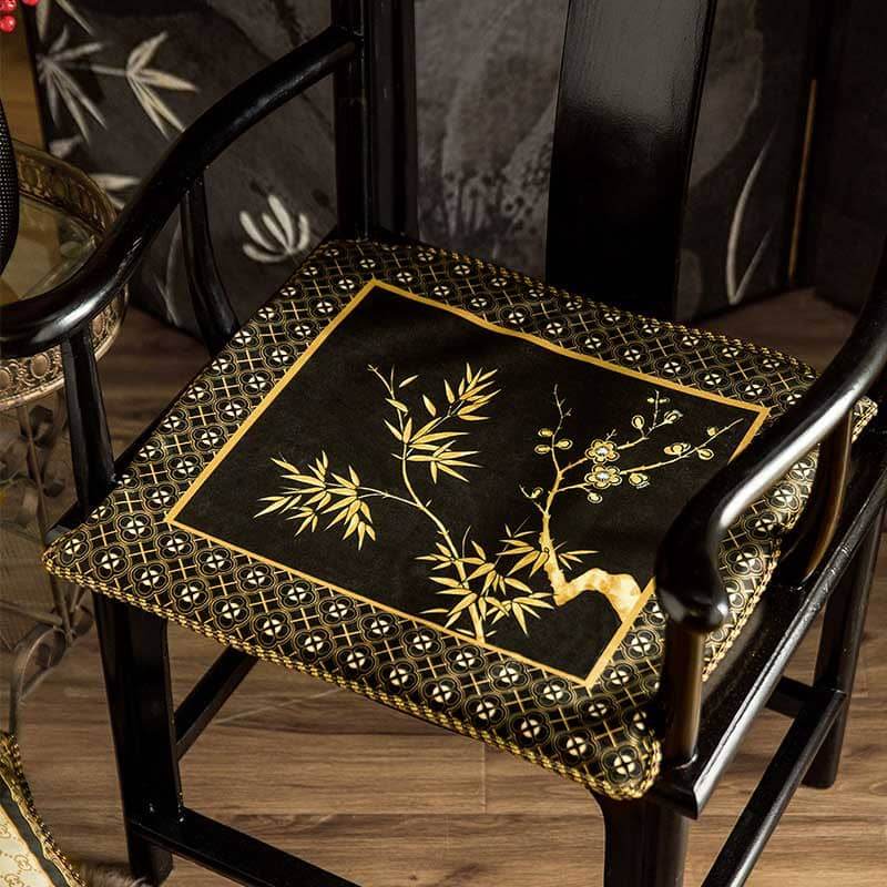 Chinoiserie Black-Gold Bamboo Vintage Wooden Chair Cushion - SinoCultural -- SC011A38