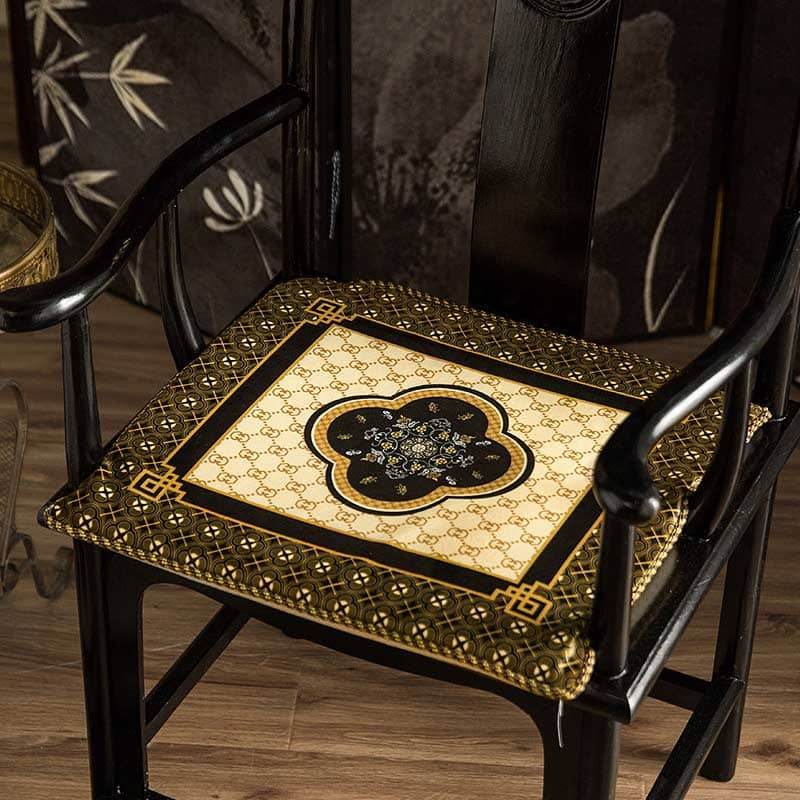 Chinoiserie Black-Gold Bamboo Vintage Wooden Chair Cushion - SinoCultural -- SC011A38