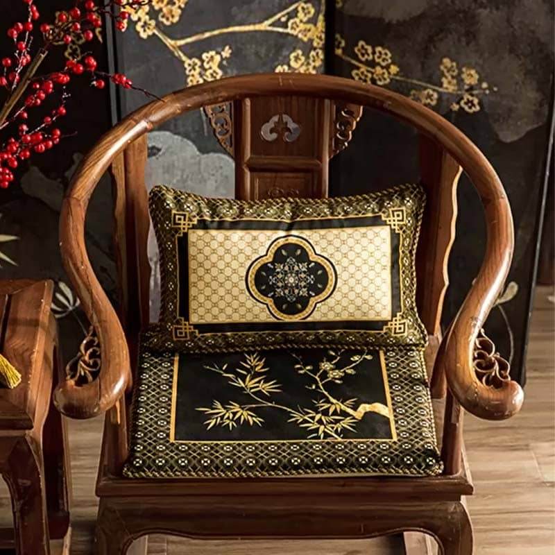 Chinoiserie Vintage Short Plush Lumbar Pillow Black-Gold Bamboo - SinoCultural