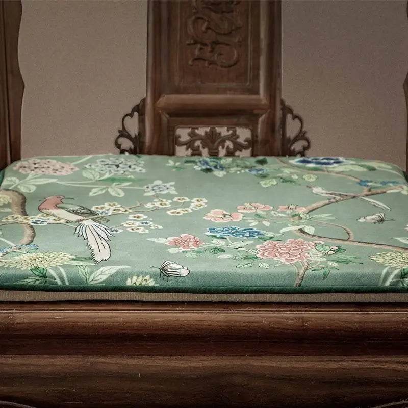 Chinoiserie Blue-Green Sparrow Short Plush Wooden Chair Cushion - SinoCultural -- SC013A38