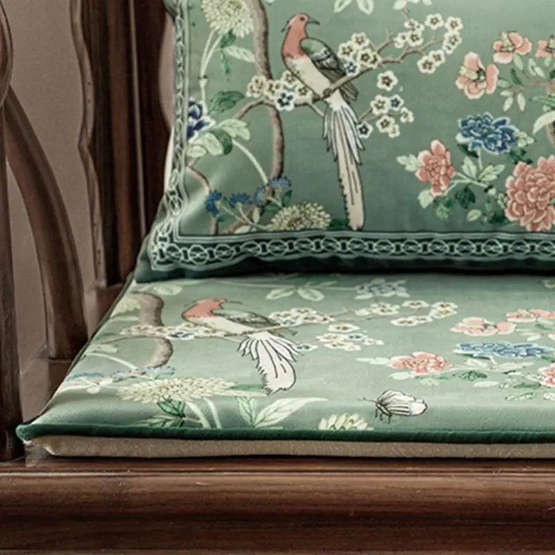 Chinoiserie Blue-Green Sparrow Short Plush Wooden Chair Cushion - SinoCultural -- SC013A38