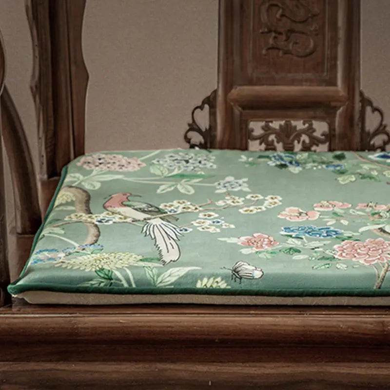 Chinoiserie Blue-Green Sparrow Short Plush Wooden Chair Cushion - SinoCultural -- SC013A38