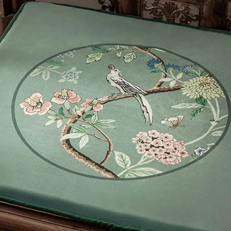 Chinoiserie Blue-Green Sparrow Short Plush Wooden Chair Cushion - SinoCultural -- SC013A38
