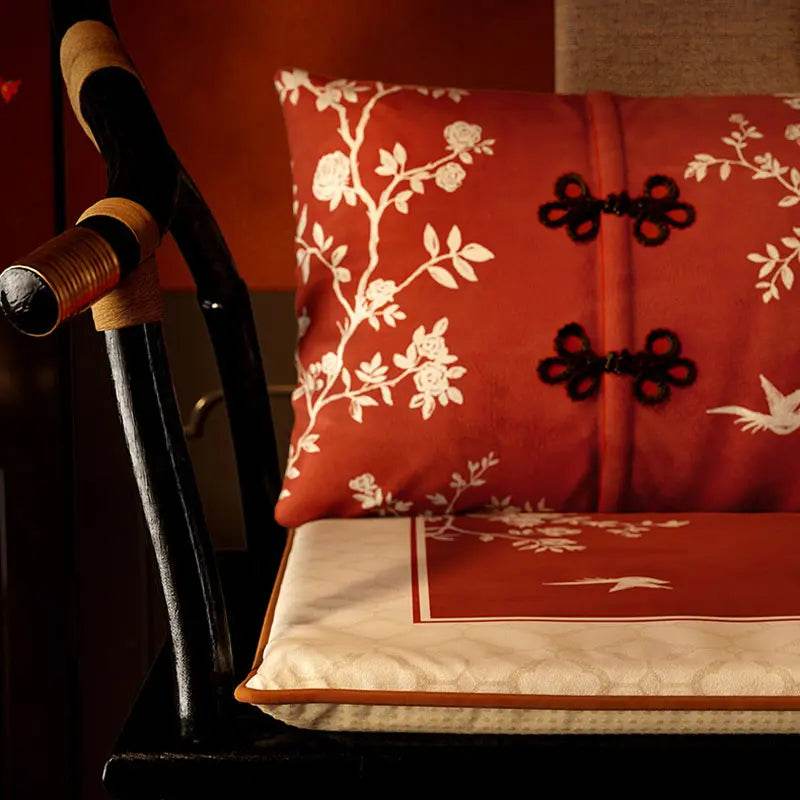 Chinoiserie Rose Moonlight Chinese Red Festival Chair Cushion - SinoCultural -- SC014A38 -