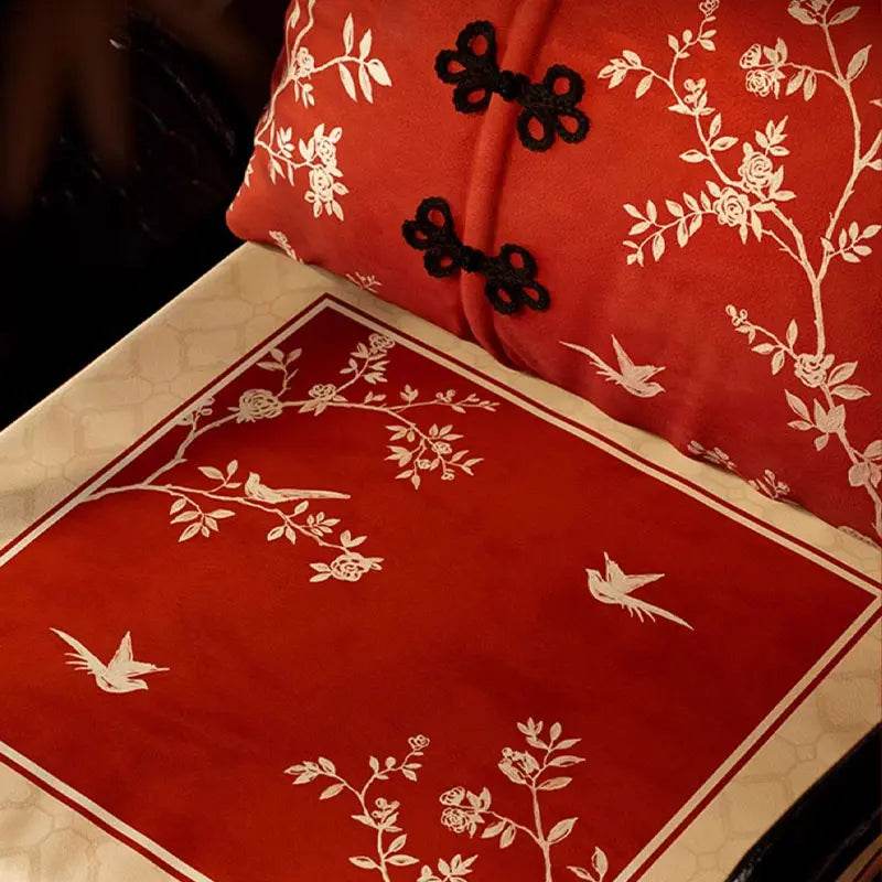 Chinoiserie Rose Moonlight Chinese Red Festival Chair Cushion - SinoCultural -- SC014A38 -