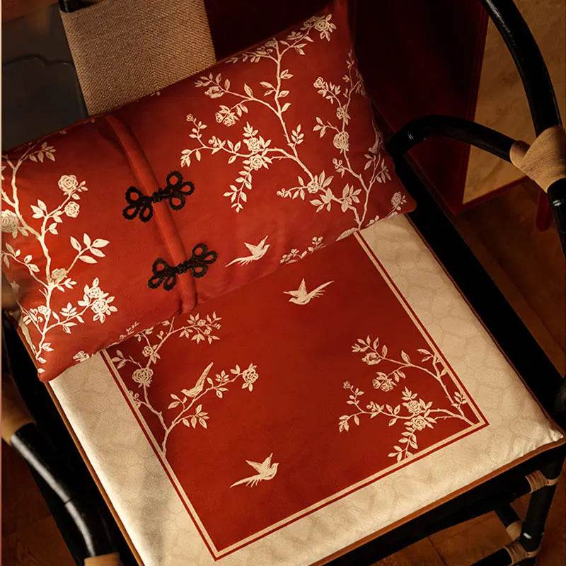 Chinoiserie Rose Moonlight Chinese Red Festival Chair Cushion - SinoCultural -- SC014A38