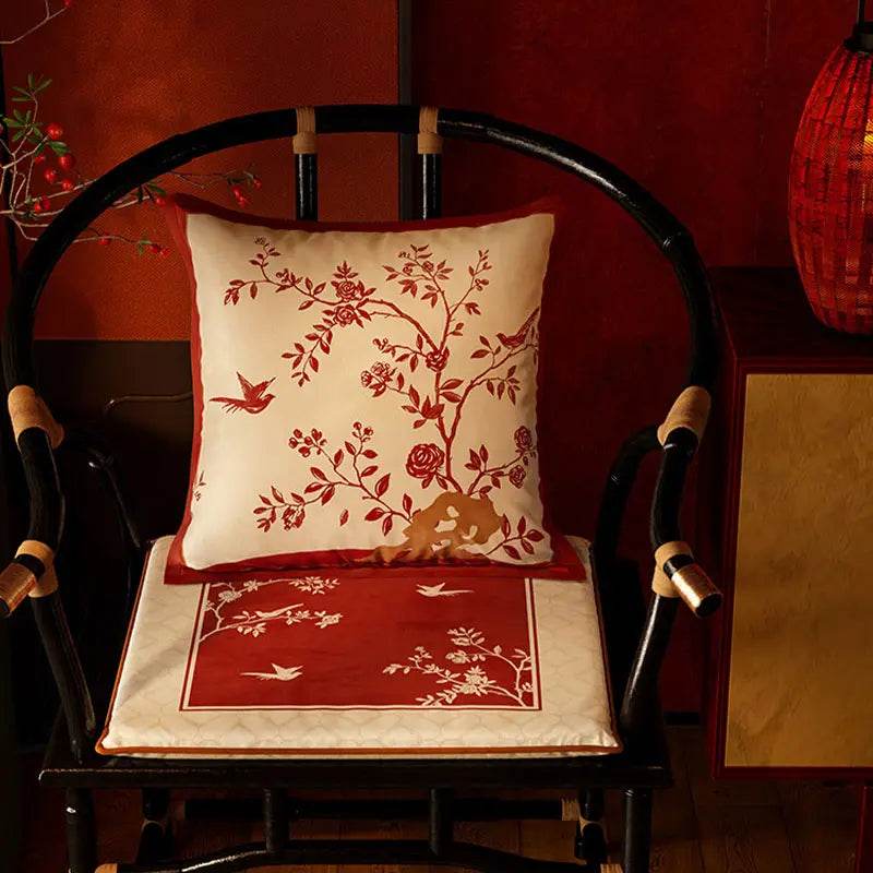 Chinoiserie Rose Moonlight Chinese Red Festival Chair Cushion - SinoCultural -- SC014A38 -