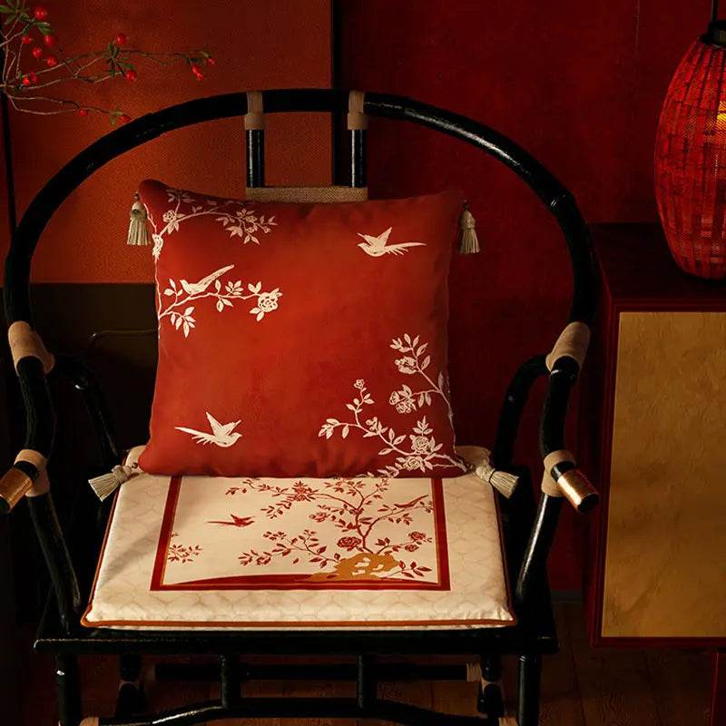 Chinoiserie Rose Moonlight Chinese Red Festival Chair Cushion - SinoCultural -- SC014A38 -