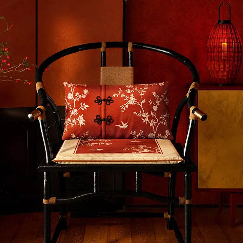 Chinoiserie Rose Moonlight Chinese Red Festival Chair Cushion - SinoCultural -- SC014A38 -