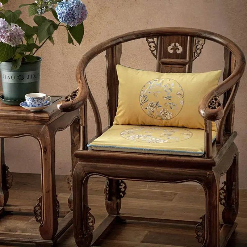 Chinoiserie Elegant Countryside Floral Bird Yellow Chair Cushion - SinoCultural -- SC016A38