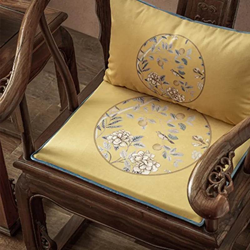 Chinoiserie Elegant Countryside Floral Bird Yellow Chair Cushion - SinoCultural -- SC016A38