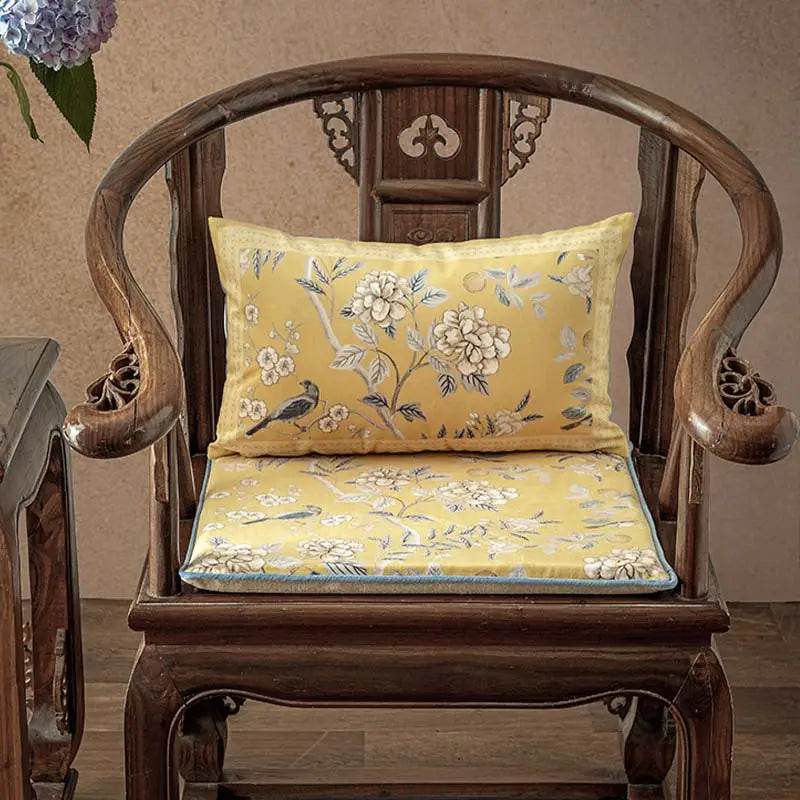 Chinoiserie Elegant Countryside Floral Bird Yellow Chair Cushion - SinoCultural -- SC016A38