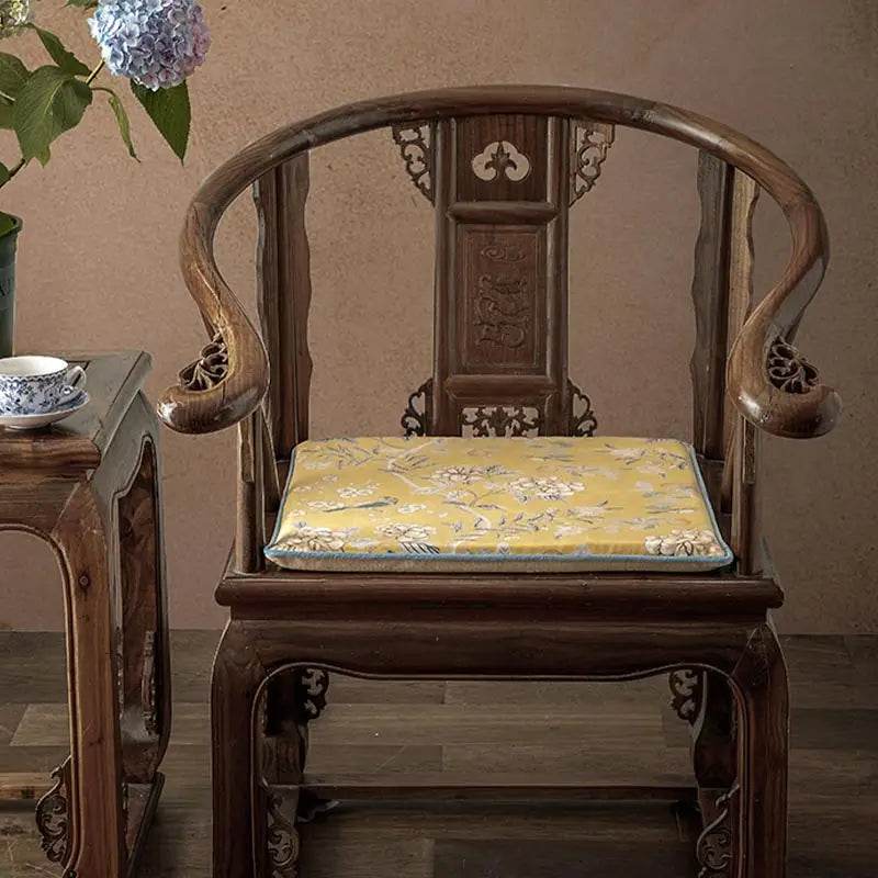 Chinoiserie Elegant Countryside Floral Bird Yellow Chair Cushion - SinoCultural -- SC016A38