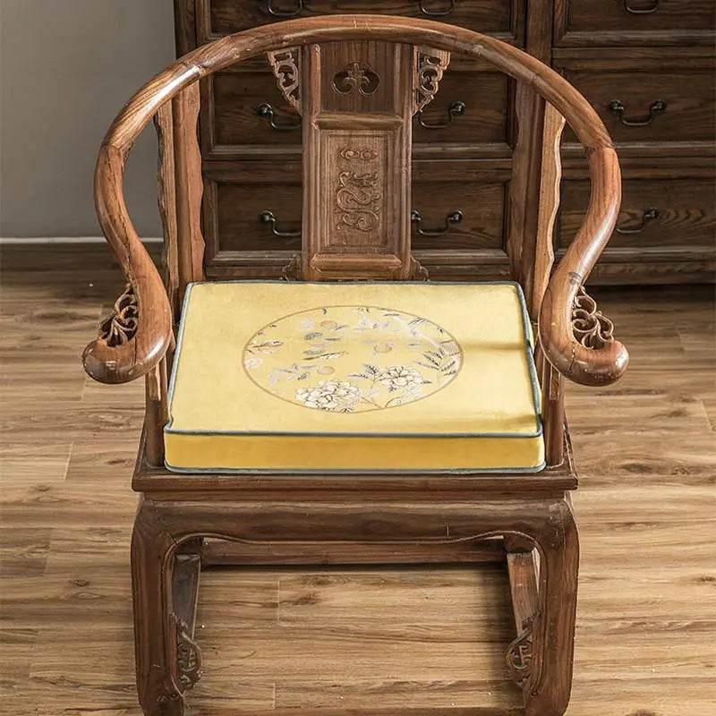 Chinoiserie Elegant Countryside Floral Bird Yellow Chair Cushion - SinoCultural -- SC016A38