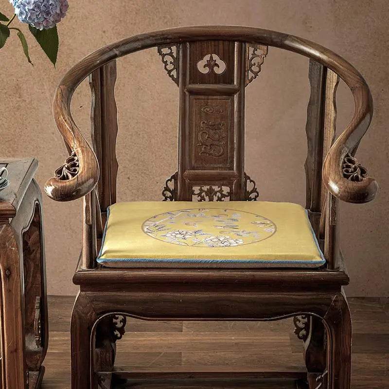 Chinoiserie Elegant Countryside Floral Bird Yellow Chair Cushion - SinoCultural -- SC016A38