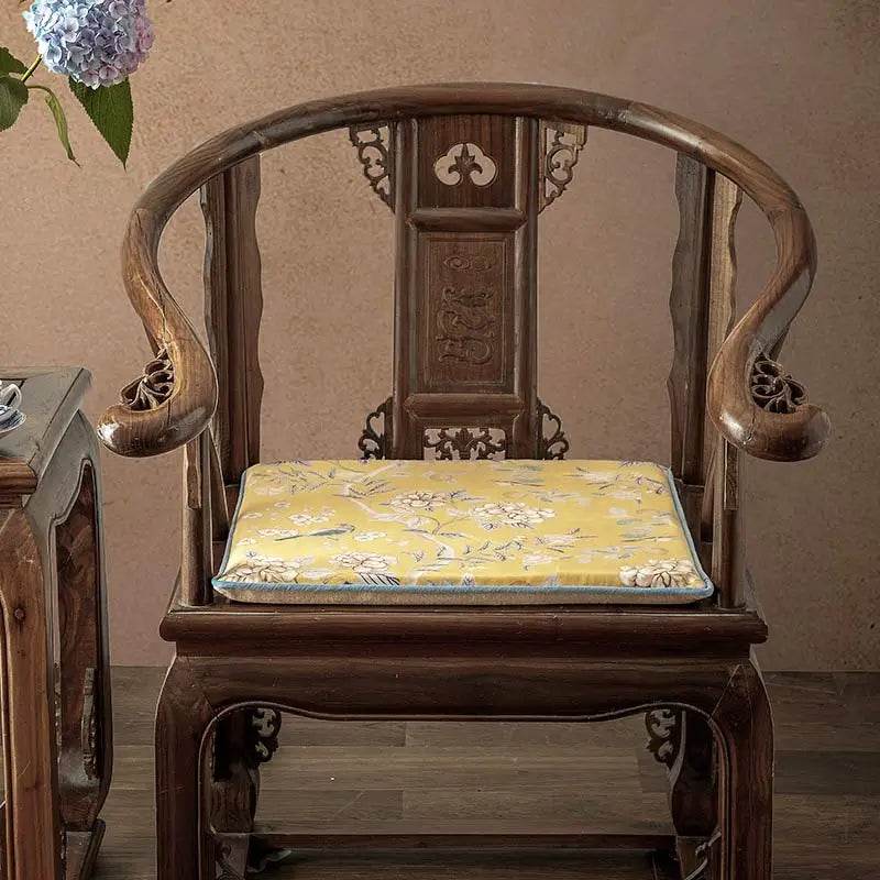 Chinoiserie Elegant Countryside Floral Bird Yellow Chair Cushion - SinoCultural -- SC016A38