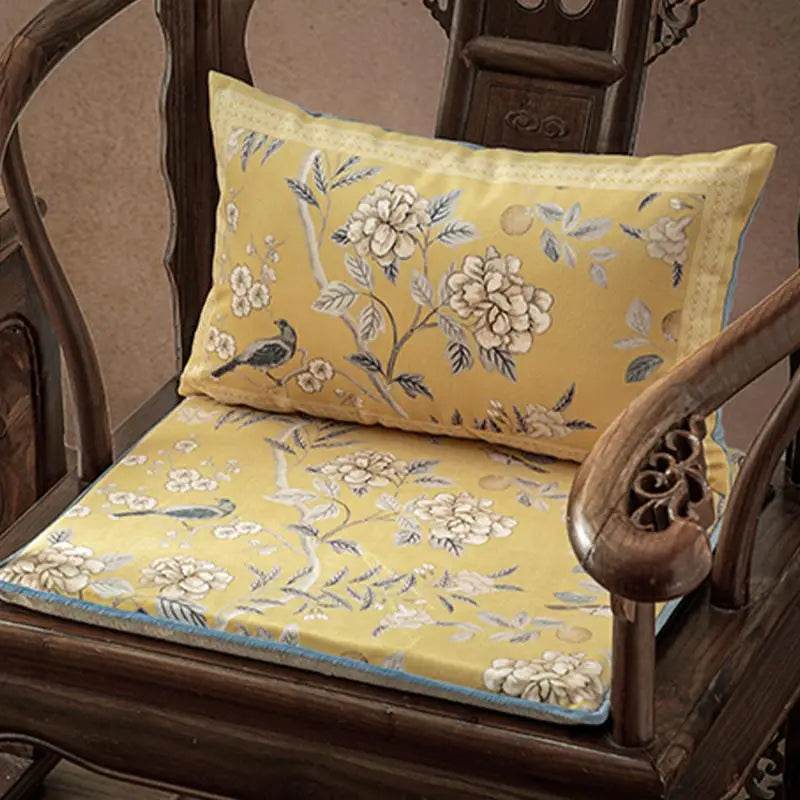 Chinoiserie Elegant Countryside Floral Bird Yellow Chair Cushion - SinoCultural -- SC016A38