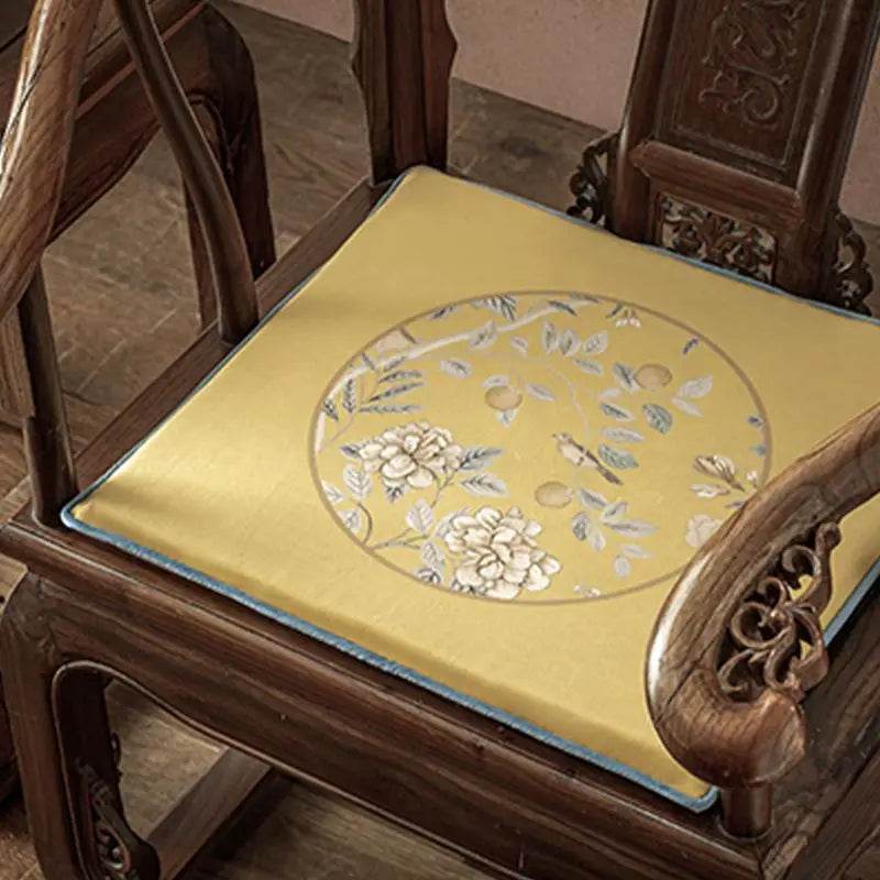 Chinoiserie Elegant Countryside Floral Bird Yellow Chair Cushion - SinoCultural -- SC016A38
