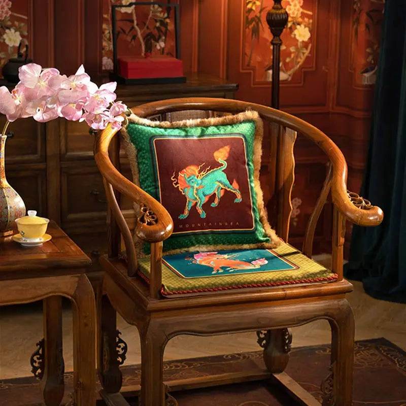 Chinoiserie Original Design Vintage Kylin Pattern Lumbar Pillow - SinoCultural -- WP017A01