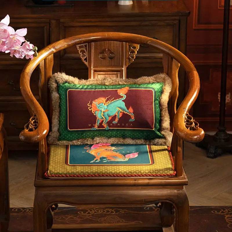 Chinoiserie Original Design Vintage Kylin Pattern Lumbar Pillow - SinoCultural -- WP017A01