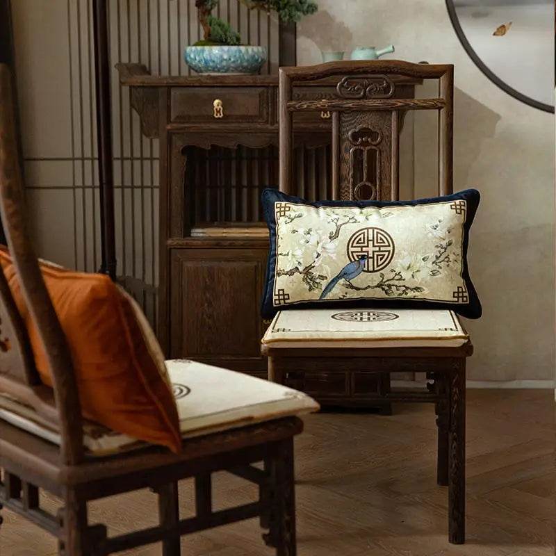 Chinoiserie Classical Sprout Yellow Short Plush Chair Cushion - SinoCultural -- SC018A38 -