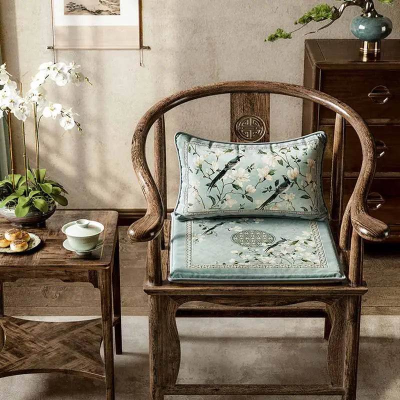 Chinoiserie Magpie and Magnolia Short Plush Blue Chair Cushion - SinoCultural -- SC019A38 -