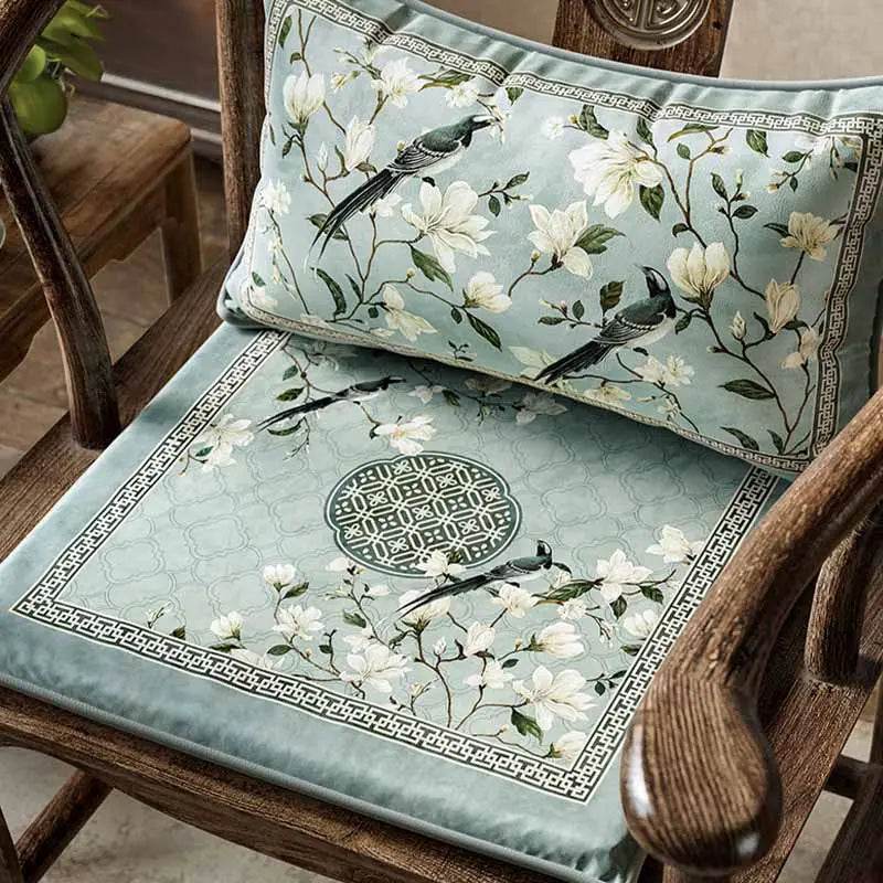 Chinoiserie Magpie and Magnolia Short Plush Blue Chair Cushion - SinoCultural -- SC019A38 -
