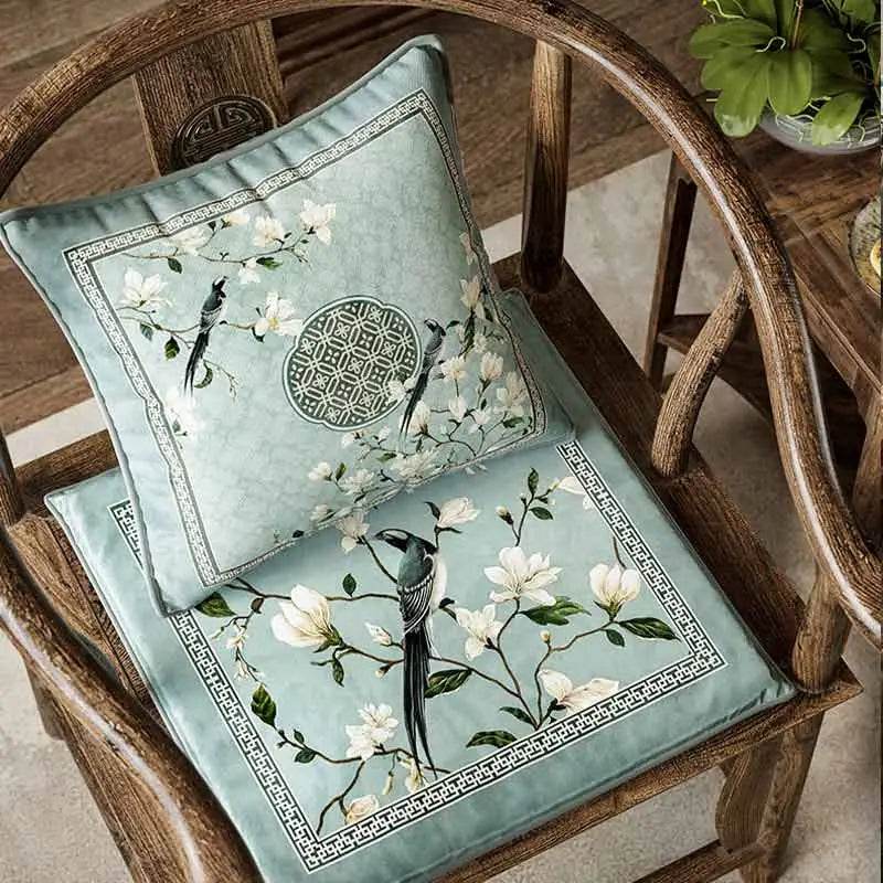 Chinoiserie Magpie and Magnolia Short Plush Blue Chair Cushion - SinoCultural -- SC019A38 -