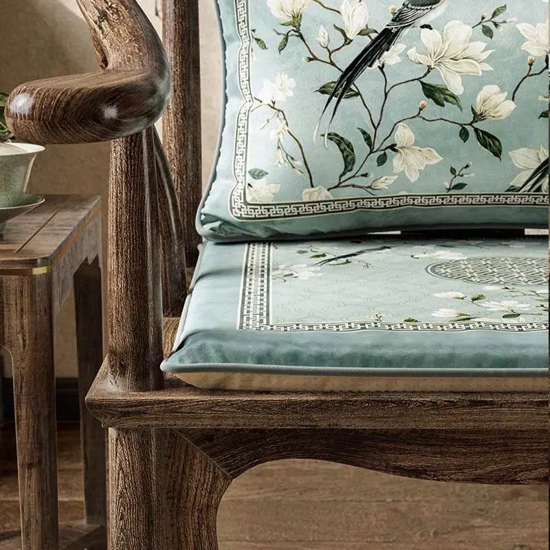 Chinoiserie Magpie and Magnolia Short Plush Blue Chair Cushion - SinoCultural -- SC019A38 -