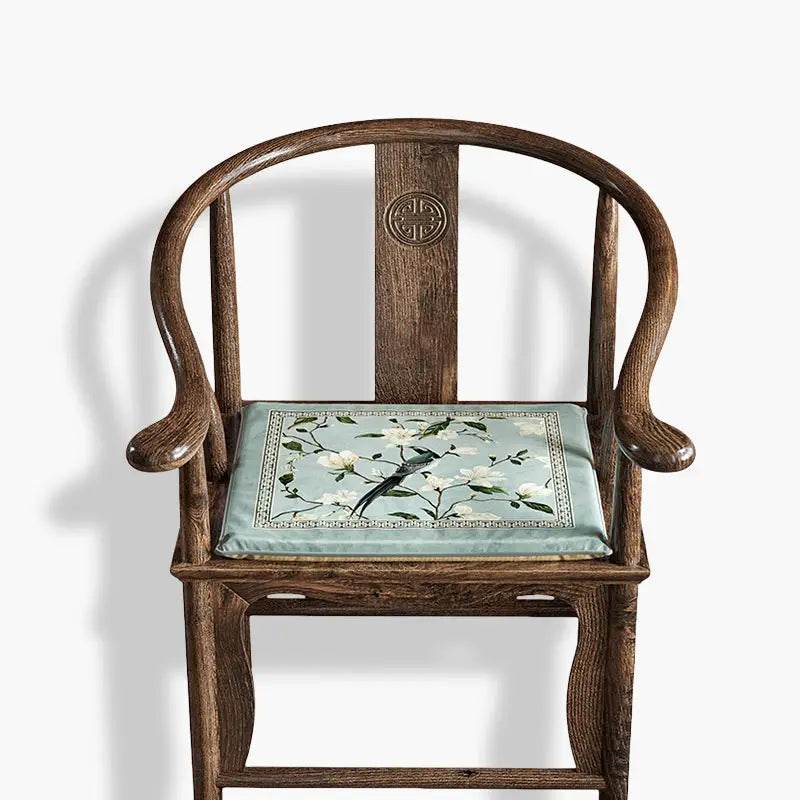 Chinoiserie Magpie and Magnolia Short Plush Blue Chair Cushion - SinoCultural -- SC019A38 -