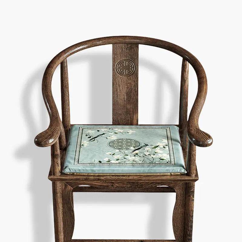 Chinoiserie Magpie and Magnolia Short Plush Blue Chair Cushion - SinoCultural -- SC019A38 -