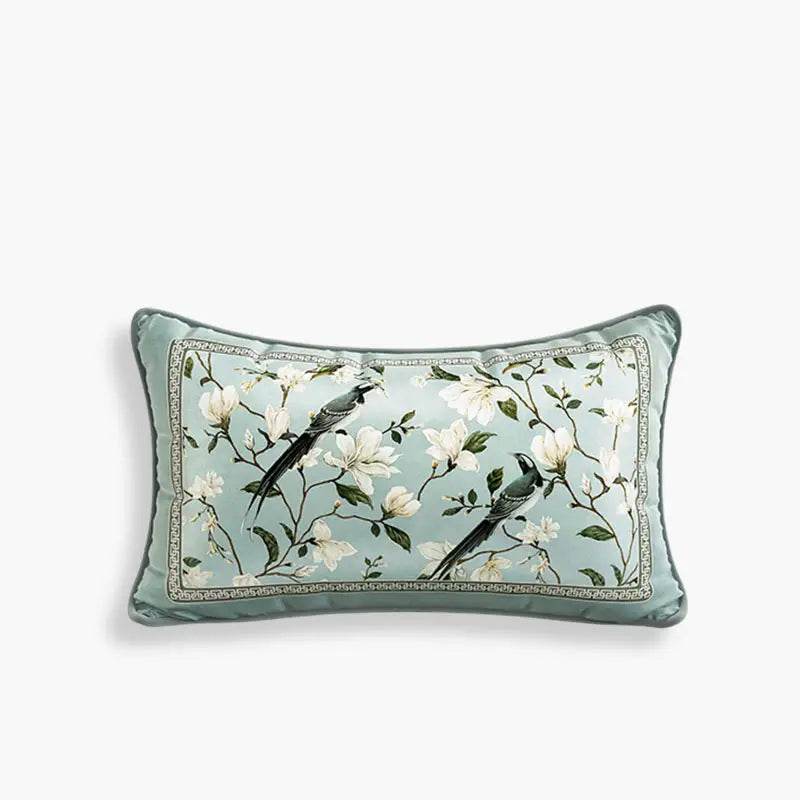 Chinoiserie Magpie and Magnolia Short Plush Blue Chair Cushion - SinoCultural -- SC019A38 -
