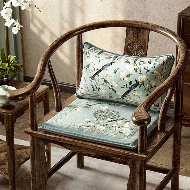 Chinoiserie Magpie and Magnolia Short Plush Blue Chair Cushion - SinoCultural -- SC019A38 -