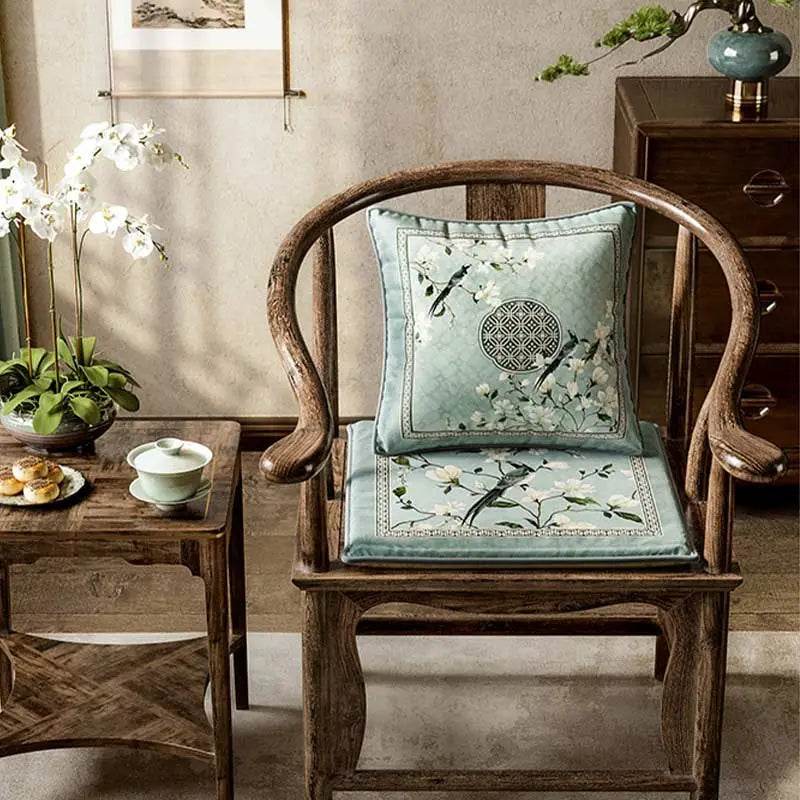Chinoiserie Magpie and Magnolia Short Plush Blue Chair Cushion - SinoCultural -- SC019A38 -