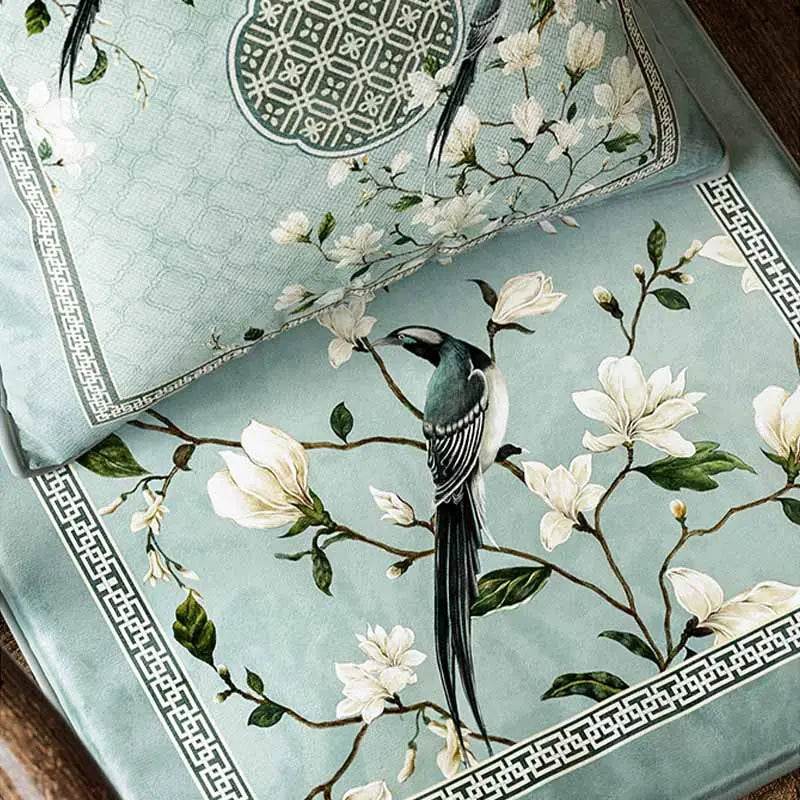 Chinoiserie Magpie and Magnolia Short Plush Blue Chair Cushion - SinoCultural -- SC019A38 -