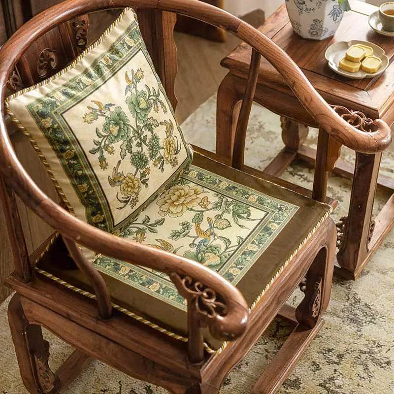 Chinoiserie Flowers and Birds Short Plush Green Chair Cushion - SinoCultural
