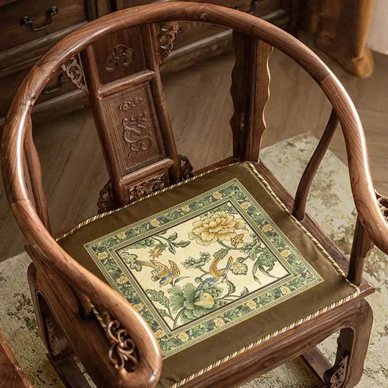 Chinoiserie Flowers and Birds Short Plush Green Chair Cushion - SinoCultural