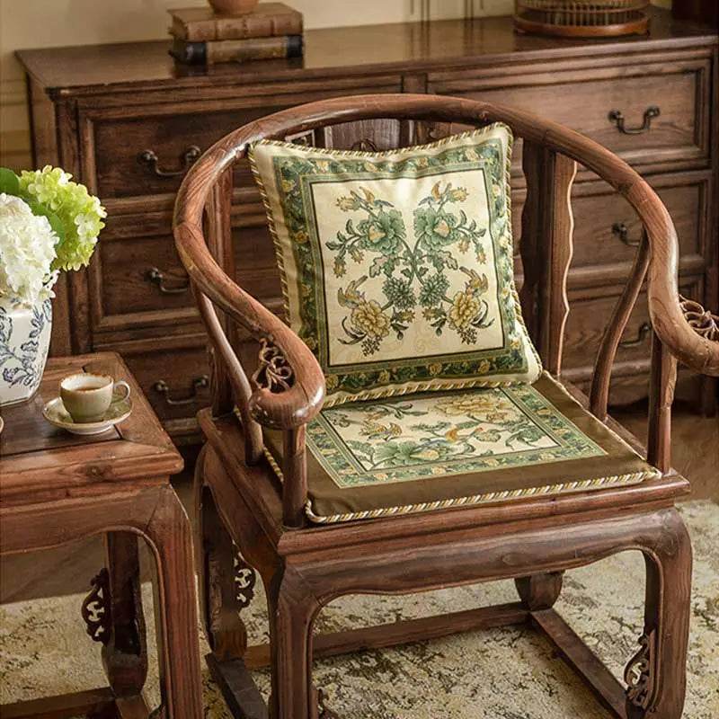Chinoiserie Flowers and Birds Short Plush Green Chair Cushion - SinoCultural