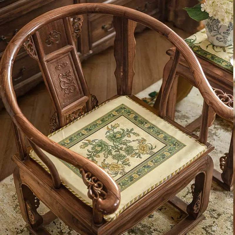 Chinoiserie Flowers and Birds Short Plush Green Chair Cushion - SinoCultural