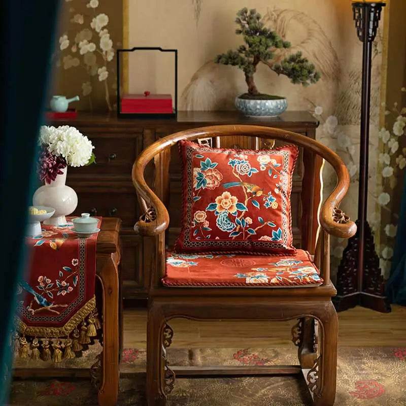 Chinoiserie Classical Red Flowers and Birds Short Plush Chair Cushion - SinoCultural -- SC021A38