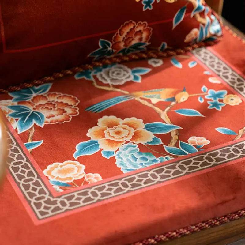 Chinoiserie Classical Red Flowers and Birds Short Plush Chair Cushion - SinoCultural -- SC021A38