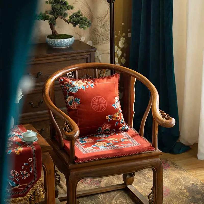 Chinoiserie Classical Red Flowers and Birds Short Plush Chair Cushion - SinoCultural -- SC021A38