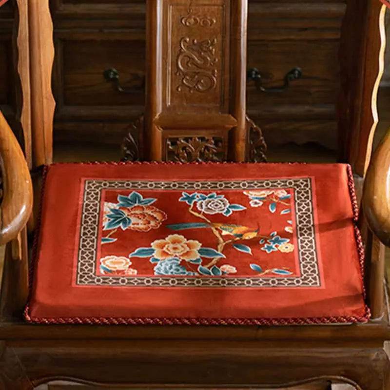 Chinoiserie Classical Red Flowers and Birds Short Plush Chair Cushion - SinoCultural -- SC021A38