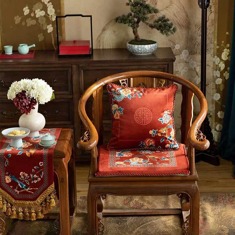 Chinoiserie Classical Red Flowers and Birds Short Plush Chair Cushion - SinoCultural -- SC021A38