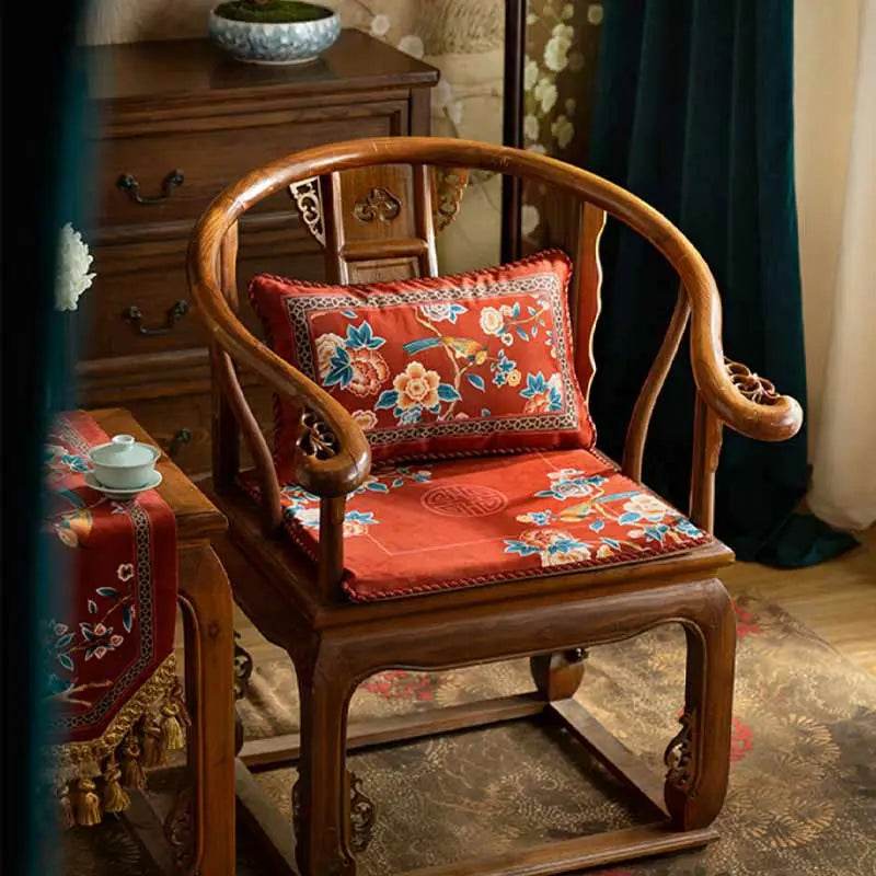 Chinoiserie Classical Red Flowers and Birds Short Plush Chair Cushion - SinoCultural -- SC021A38