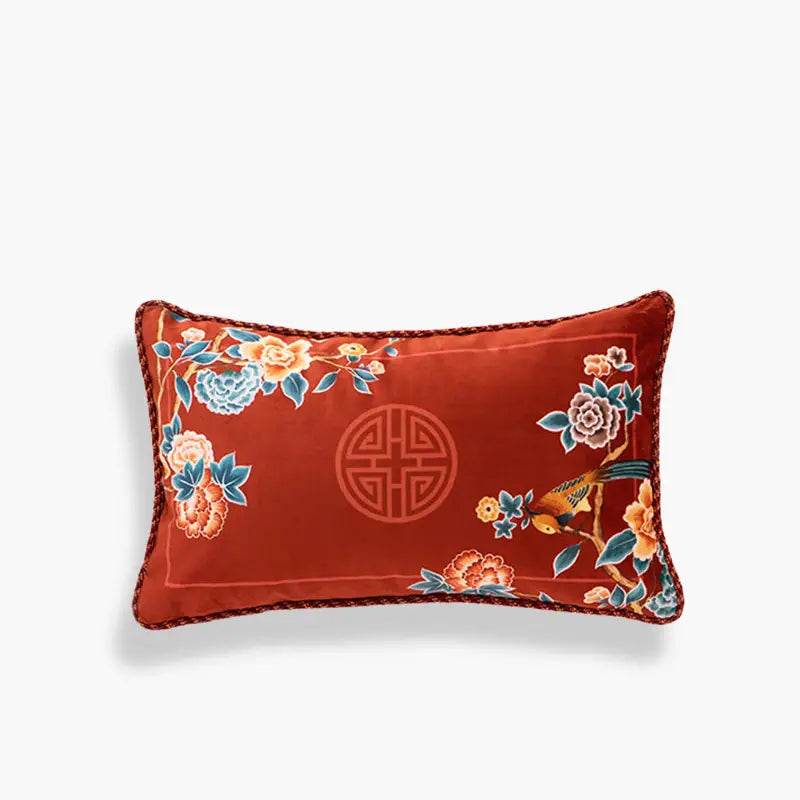 Chinoiserie Classical Red Flowers and Birds Short Plush Chair Cushion - SinoCultural -- SC021A38