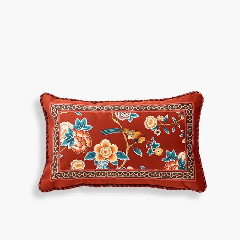 Chinoiserie Classical Red Flowers and Birds Short Plush Chair Cushion - SinoCultural -- SC021A38